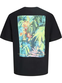 T-shirt en coton noir imprimé à coupe droite pourvu d'un col rond