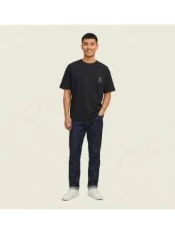 T-shirt en coton noir imprimé à coupe droite pourvu d'un col rond
