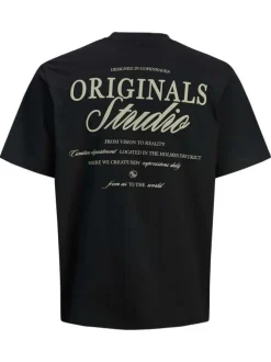 T-shirt en coton noir imprimé à coupe droite pourvu d'un col rond