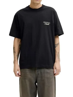 T-shirt en coton noir imprimé à coupe droite pourvu d'un col rond