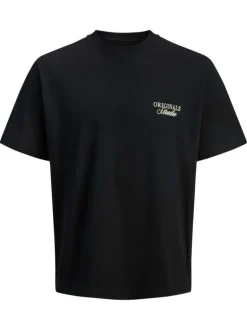 T-shirt en coton noir imprimé à coupe droite pourvu d'un col rond