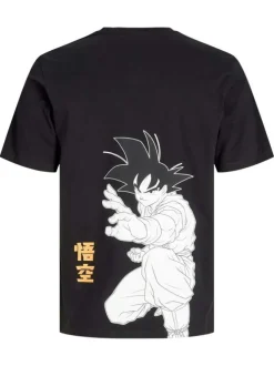 T-shirt en coton noir imprimé dessin animé à la poitrine et au dos à col rond