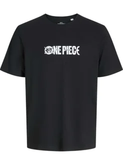 T-shirt en coton noir imprimé manga à la poitrine et au dos avec un col rond