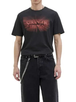 T-shirt en coton noir imprimé série à la poitrine et au dos avec un col rond