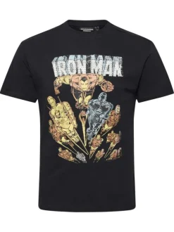 T-shirt en coton noir à imprimé super-héros à l'avant et à col rond