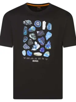T-shirt en coton noir épais avec un imprimé bleu à l'avant et un col rond