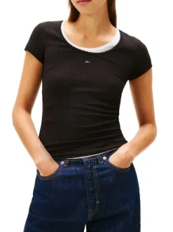 T-shirt en coton noir pourvu d'un col rond et de manches courtes