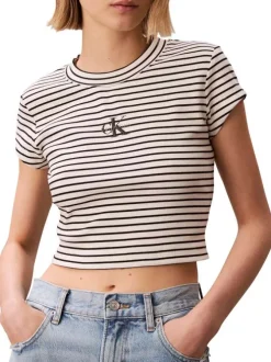 T-shirt en coton noir à rayures avec un col rond et une coupe courte