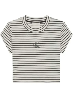 T-shirt en coton noir à rayures avec un col rond et une coupe courte