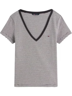 T-shirt en coton noir à rayures avec une coupe ajustée et un col v