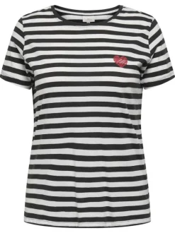 T-shirt en coton noir à rayures avec une coupe droite et un petit imprimé