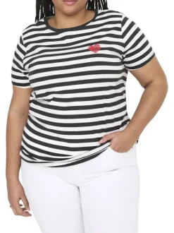 T-shirt en coton noir à rayures avec une coupe droite et un petit imprimé
