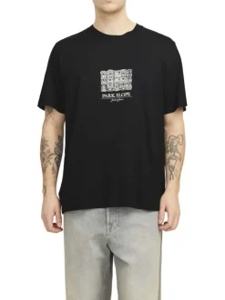 T-shirt en coton noir uni avec un building et une coupe droite à col rond