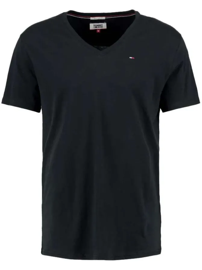 T-shirt en coton noir uni avec une coupe droite et un col en V