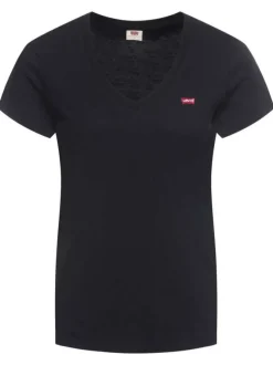 T-shirt en coton noir uni avec une coupe droite et un col v à manches courtes