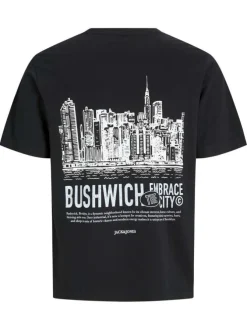 T-shirt en coton noir uni avec un imprimé urbain et un col rond