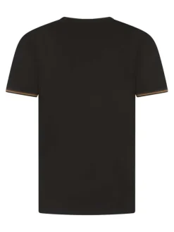 T-shirt en coton noir uni à col v et avec des liserés aux manches