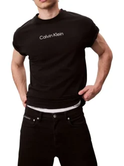 T-shirt en coton noir uni coupe ajustée col rond avec un logo blanc