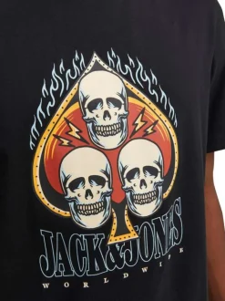 T-shirt en coton noir uni coupe droite avec un col rond et flocage tête de mort