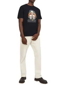 T-shirt en coton noir uni coupe droite avec un col rond et flocage tête de mort