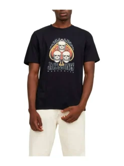 T-shirt en coton noir uni coupe droite avec un col rond et flocage tête de mort