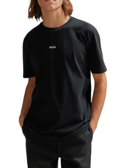 T-shirt en coton noir uni coupe droite avec un col rond et liseré orange
