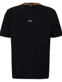 T-shirt en coton noir uni coupe droite avec un col rond et liseré orange