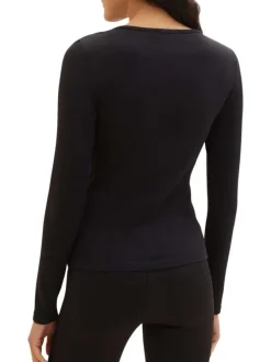 T-shirt en coton noir uni coupe droite avec un col rond et une fente poitrine
