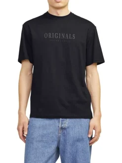 T-shirt en coton noir uni à coupe droite avec une écriture en relief
