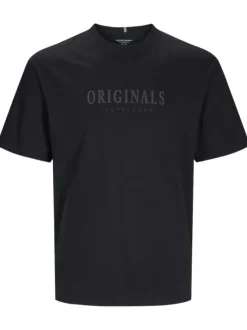 T-shirt en coton noir uni à coupe droite avec une écriture en relief