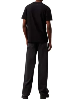 T-shirt en coton noir uni coupe droite à col rond avec imprimé nom de la marque