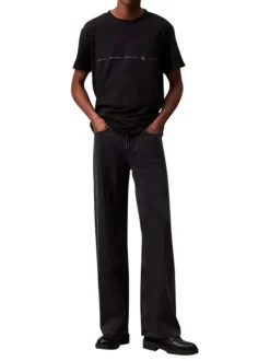 T-shirt en coton noir uni coupe droite à col rond avec imprimé nom de la marque