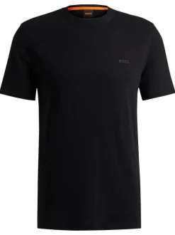 T-shirt en coton noir uni à coupe droite et à col rond avec un petit logo