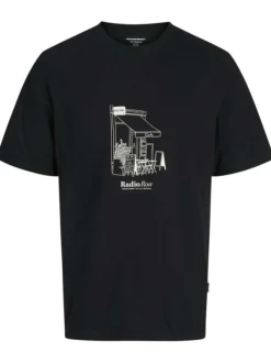 T-shirt en coton noir uni à coupe droite imprimé devanture d'un café