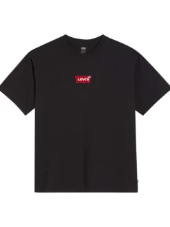 T-shirt en coton noir uni droit à col rond avec étiquette de la marque