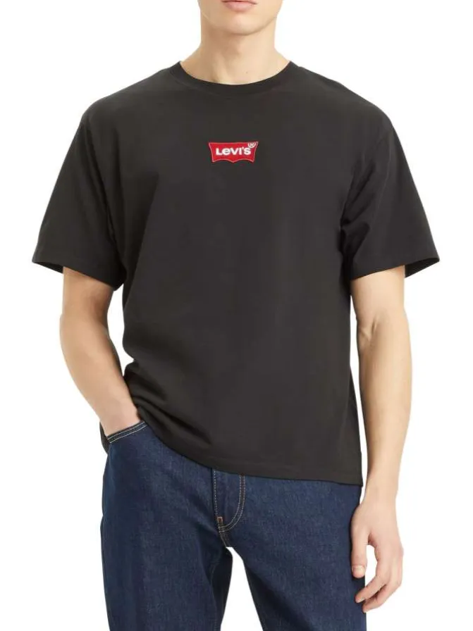 T-shirt en coton noir uni droit à col rond avec étiquette de la marque