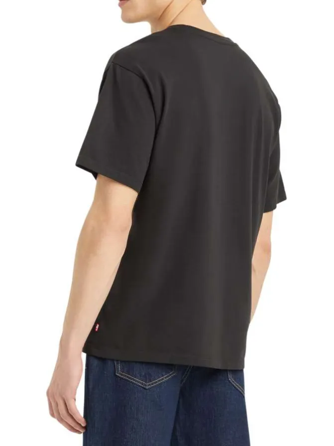 T-shirt en coton noir uni droit à col rond avec étiquette de la marque