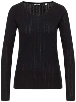 T-shirt en coton noir uni en maille ajourée avec un col tunisien