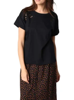 T-shirt en coton noir uni orné de broderies avec col rond et manches courtes