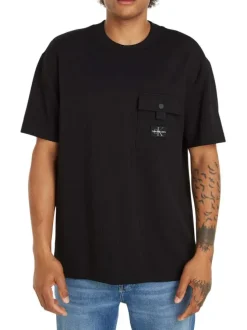 T-shirt en coton noir uni texturé avec un col rond et une coupe droite