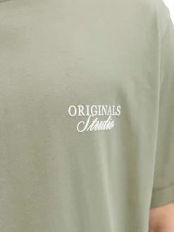 T-shirt en coton olive imprimé à coupe droite pourvu d'un col rond