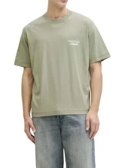 T-shirt en coton olive imprimé à coupe droite pourvu d'un col rond