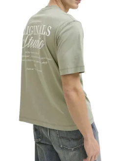 T-shirt en coton olive imprimé à coupe droite pourvu d'un col rond