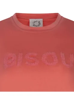 T-shirt en coton orange avec empiècement en tulle à coupe droite et col rond