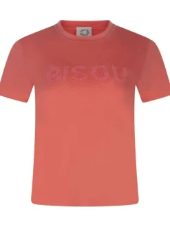 T-shirt en coton orange avec empiècement en tulle à coupe droite et col rond