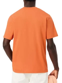 T-shirt en coton orange à coupe droite pourvu d'un col rond côtelé