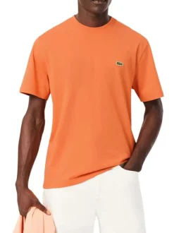 T-shirt en coton orange à coupe droite pourvu d'un col rond côtelé