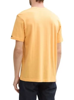 T-shirt en coton orange à fines rayures avec un col rond et un gros imprimé