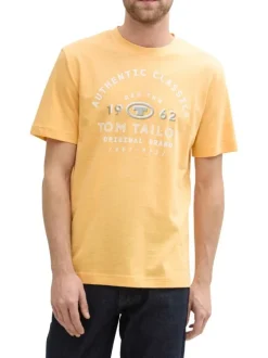 T-shirt en coton orange à fines rayures avec un col rond et un gros imprimé