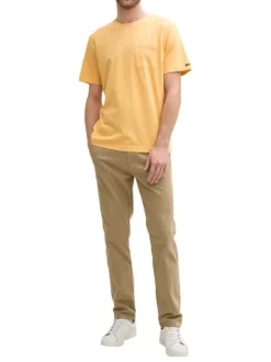 T-shirt en coton orange rayé à col rond avec une petite poche à la poitrine